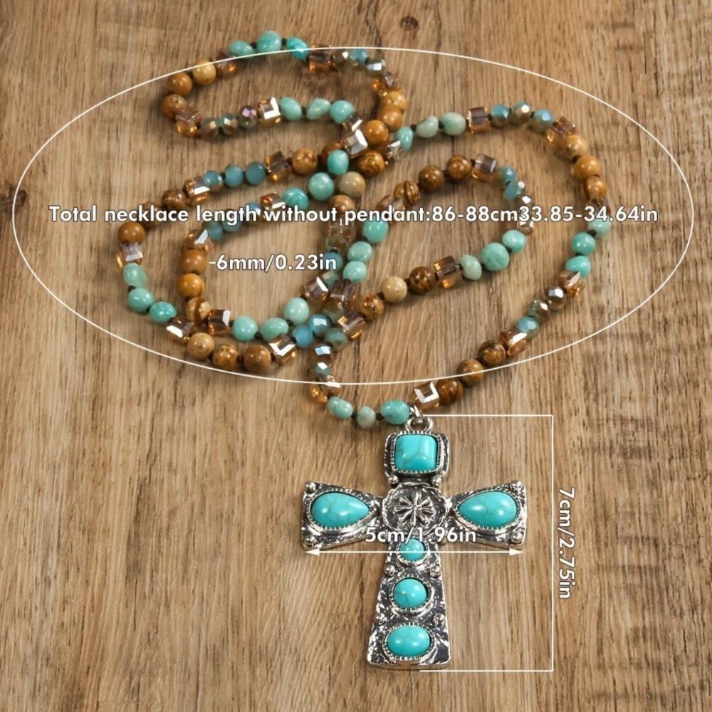 NWT Bohemian Faux Turquoise Cross Necklace Multi-Colored Beaded Statement - Picture 4 of 4